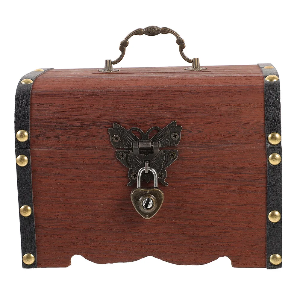 Wood Treasure Chest Vintage Lockable Jewelry Box Retro Money Saving Box for Home Office Decor Travel Keepsake Storage
