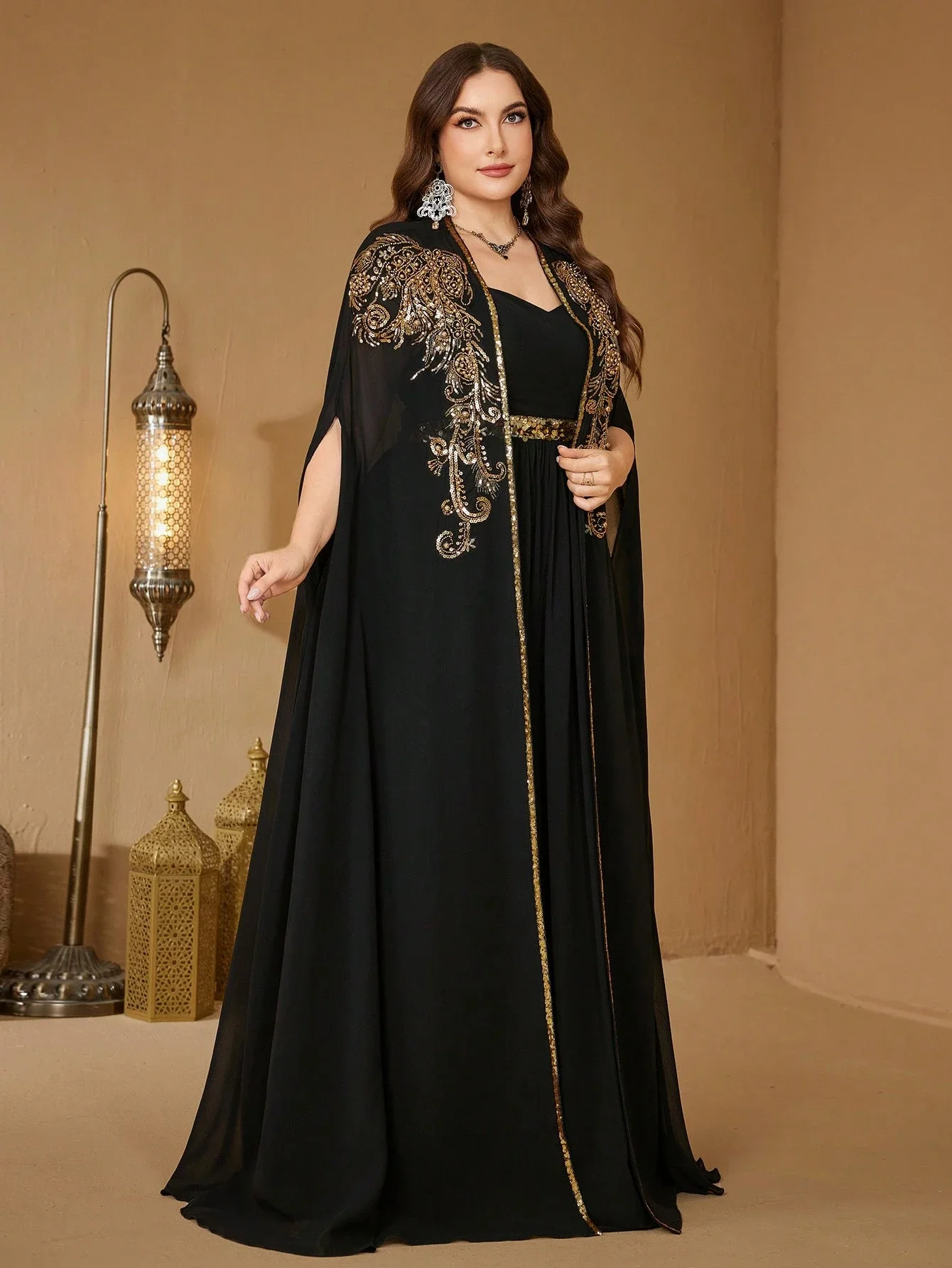 

Black Chiffon Embroidered Abaya With Gold Trim Plus Size V Neck Long Dress