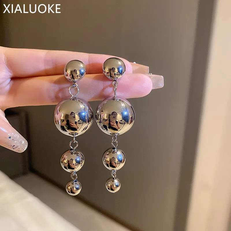 

XIALUOKE Geometric Beaded Round Ball Tassel Golden Earrings For Women Simple Fashion Drop Earrings Party Bride Jewelry