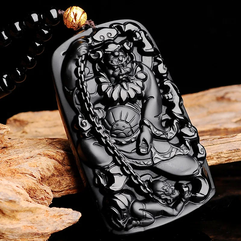 Natural Chinese Black Hand-carved Obsidian Zhongkui Jade Pendant Fashion Jewelry Men and Women Necklace Sweater ChainAccessories