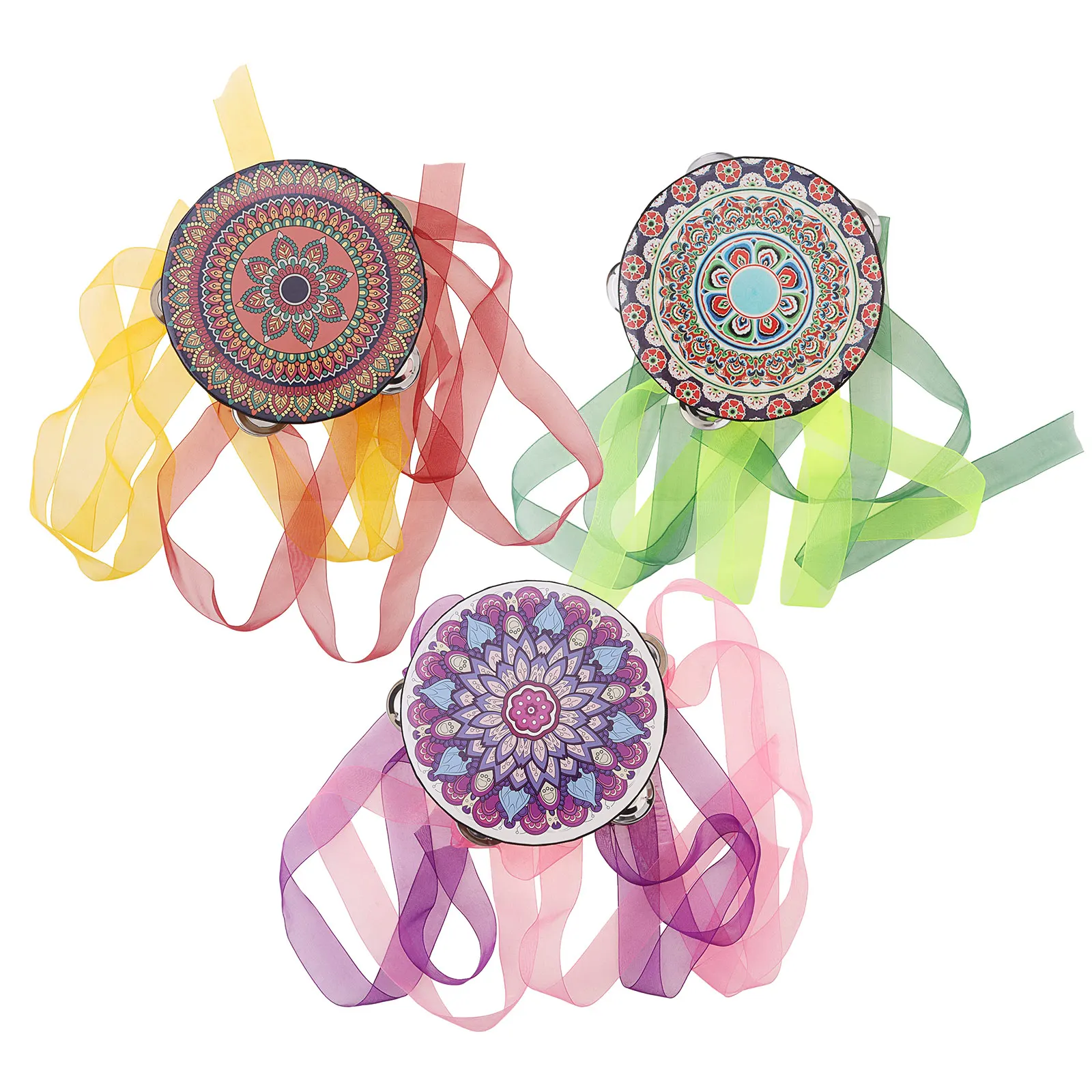 6 Inch Single Row Jingles Flowers Pattern Ribbon Tambourine for Arty Music Dance Stage Show with Colorful Ribbons Hand Drum