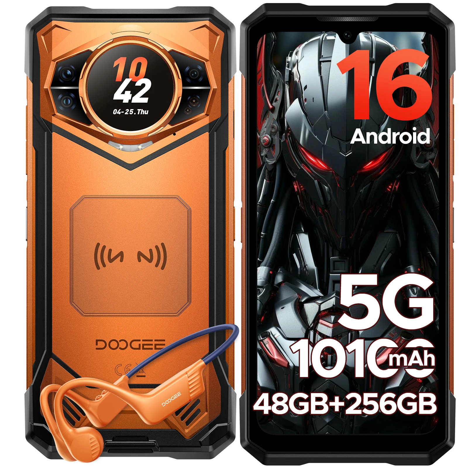 DOOGEE S200E AI Wytrzymały Telefon z Androidem 16, 1,32" AMOLED Tylny Wyświetlacz, Bateria 10100mAh, Procesor Dimensity 7050, 48GB RAM (8+40), 256GB ROM, NFC, Google Pay, Wersja VIP z Słuchawkami do
