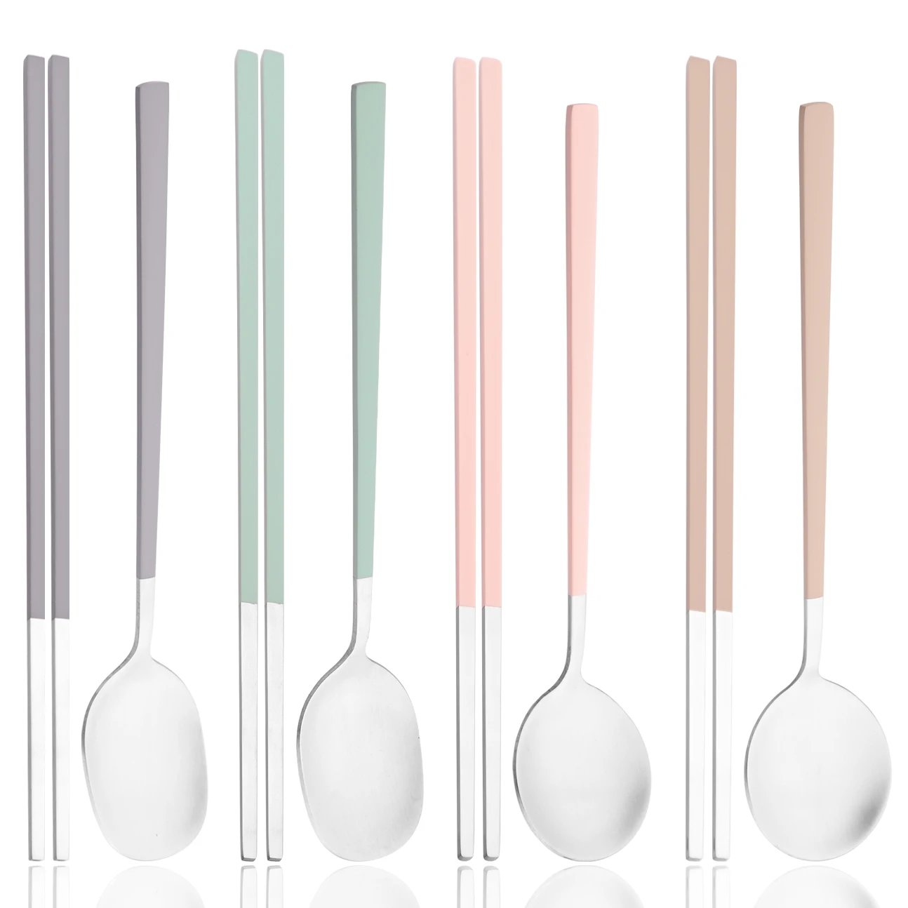8Pcs Green Handle Silver Dinnerware Set Dinner Spoon Sushi Chopsticks Flatware Western Stainless Steel Cutlery Kitchen Tableware