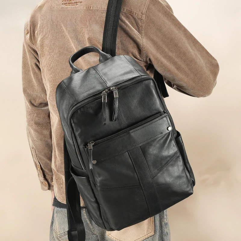 Men's Genuine Leather Double-Shoulder Backpack, Top-Grain Leather Travel Daypack, Large-Capacity 15.6'' Laptop College Backpack