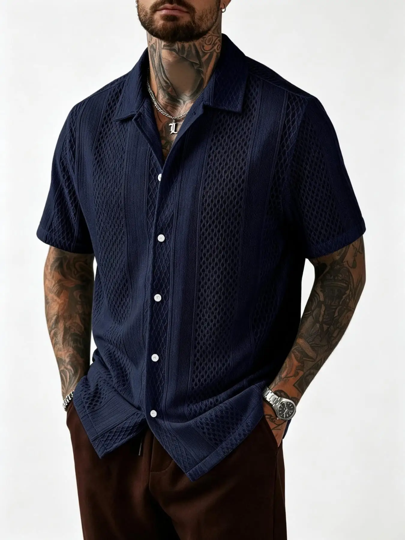 Men Hollow‑Out Knit Short Sleeve Shirt Cuban Camp Collar Button Down Jacquard Textured Casual Summer Beach Tops