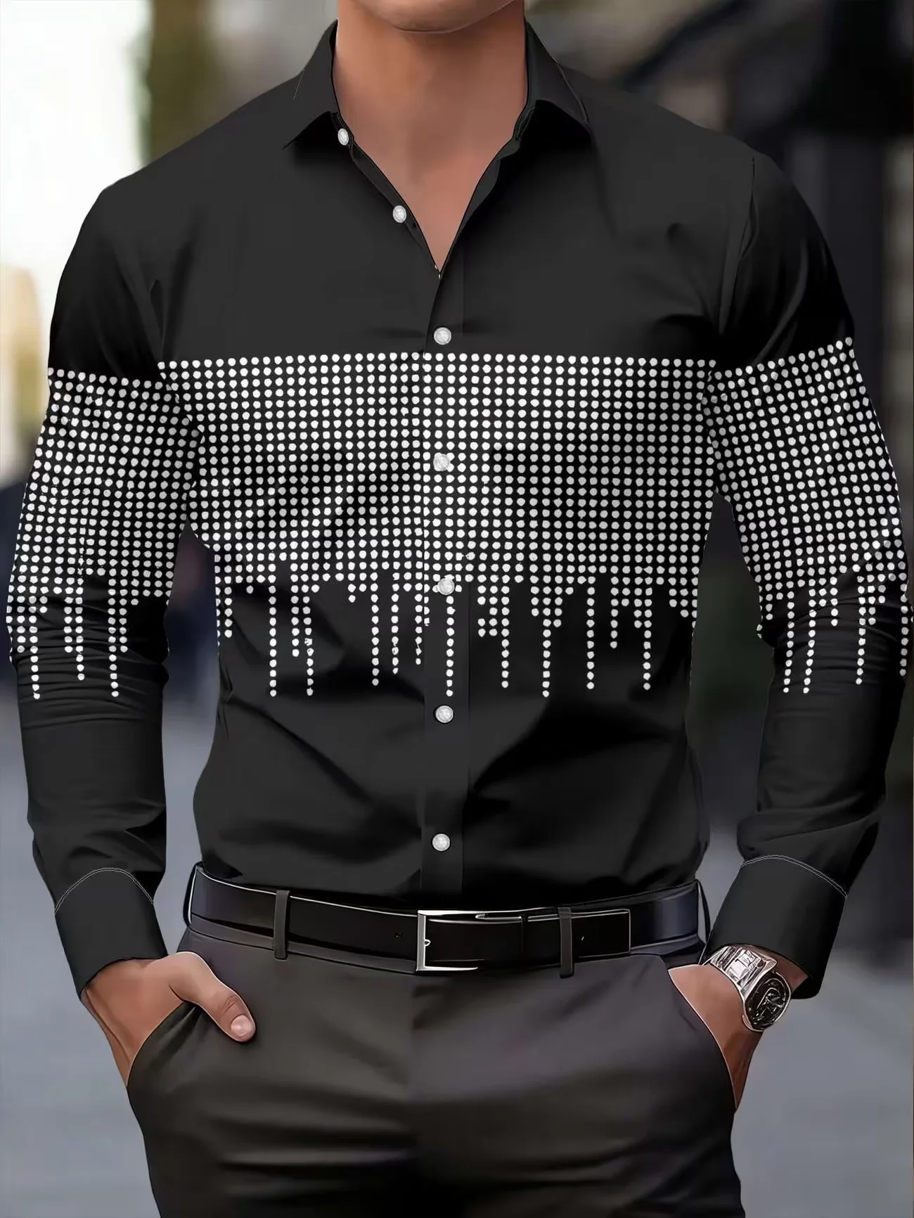 New Black And White Contrasting Notes Splashed Ink Print Men's Long Sleeved Shirt Artistic Style Casual Shirt