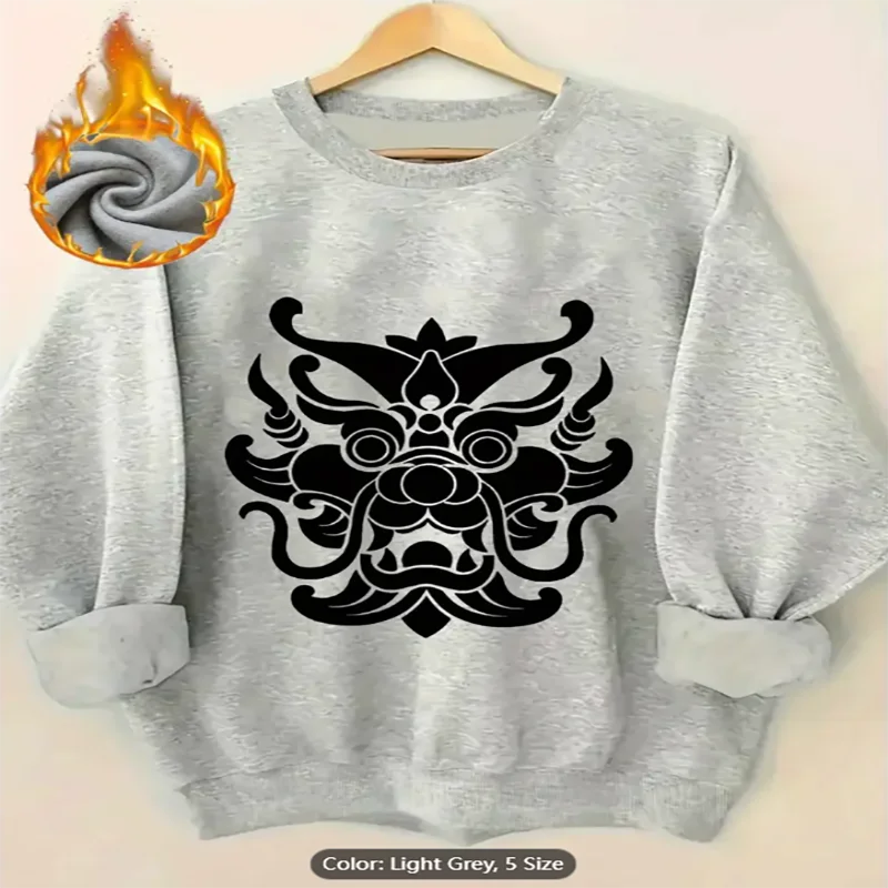 Womens Sweatshirt Dragon Head Graphic Print Fleece Lined Casual Oversized Pullover Top for Cultural Style Lovers Pure Cotton