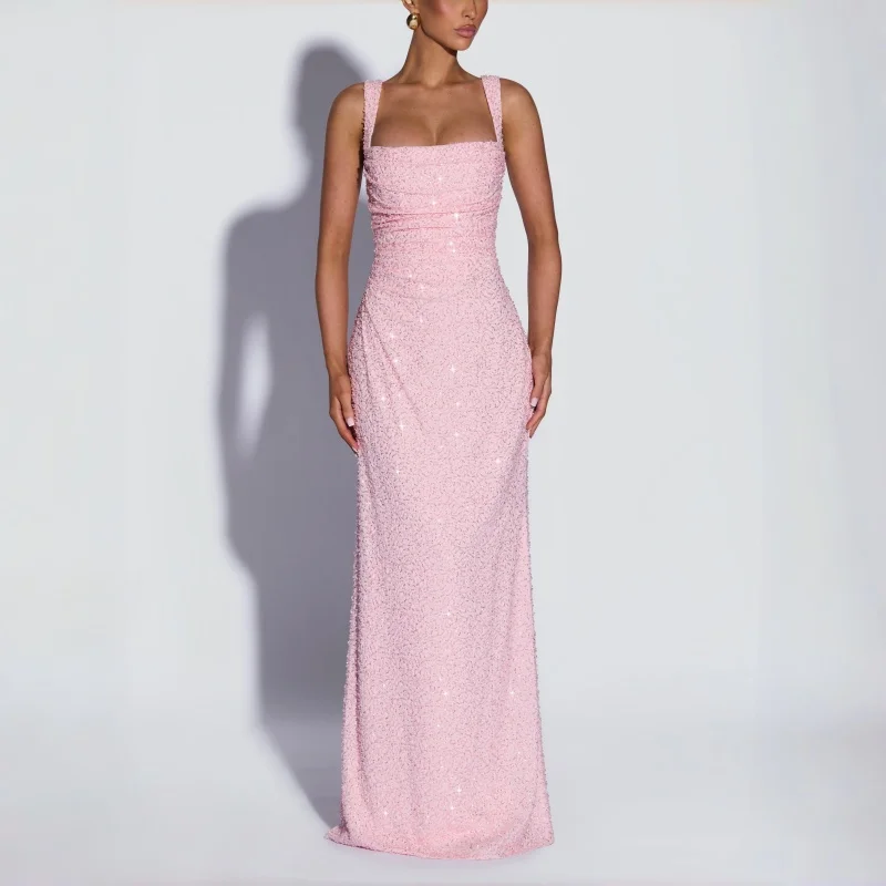 Babyroze pailletten sprankelende sexy maxi-jurk met vierkante hals en vetersluiting, geplooide slim-fit jurk, afstudeergala, elegante feestjurken