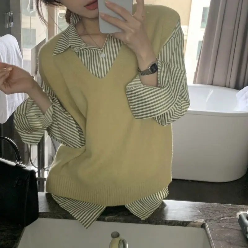 Women\'s Spring and Autumn 2024 Korean Style French Striped Long Sleeved Shirt+stylish V-neck Knitted Sweater Vest Two-piece Set