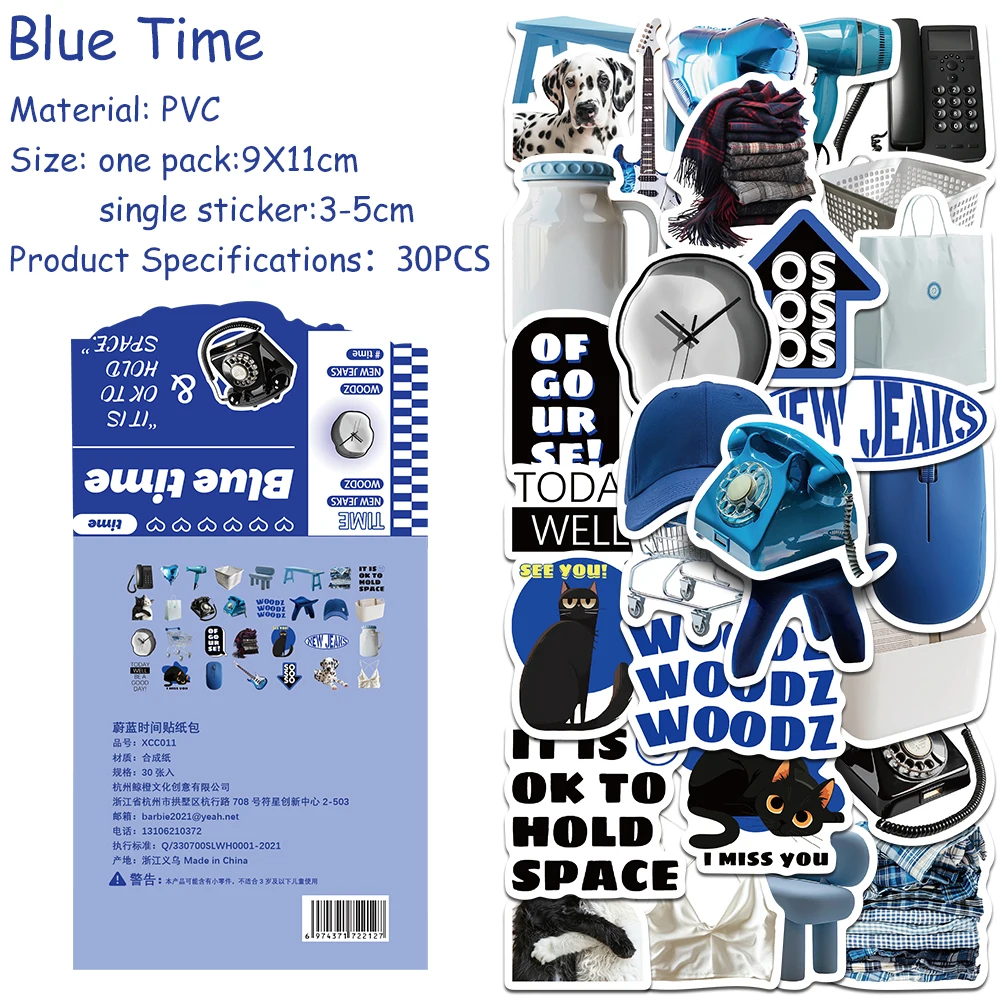 

30pcs/pack Blue Time Sticker Pack Decals For Laptop Suitcase Scrapbook Skateboard Guitar DIY Aesthetic Stickers Kids Toys Gifts