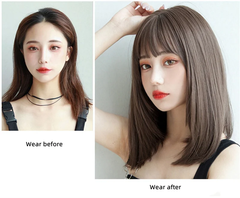 韓国スタイルのヘアエクステンション合成ファッション若い女性のかつら通気性ヘッドカバーミディアムレングスストレートウィッグ帽子女性のための
