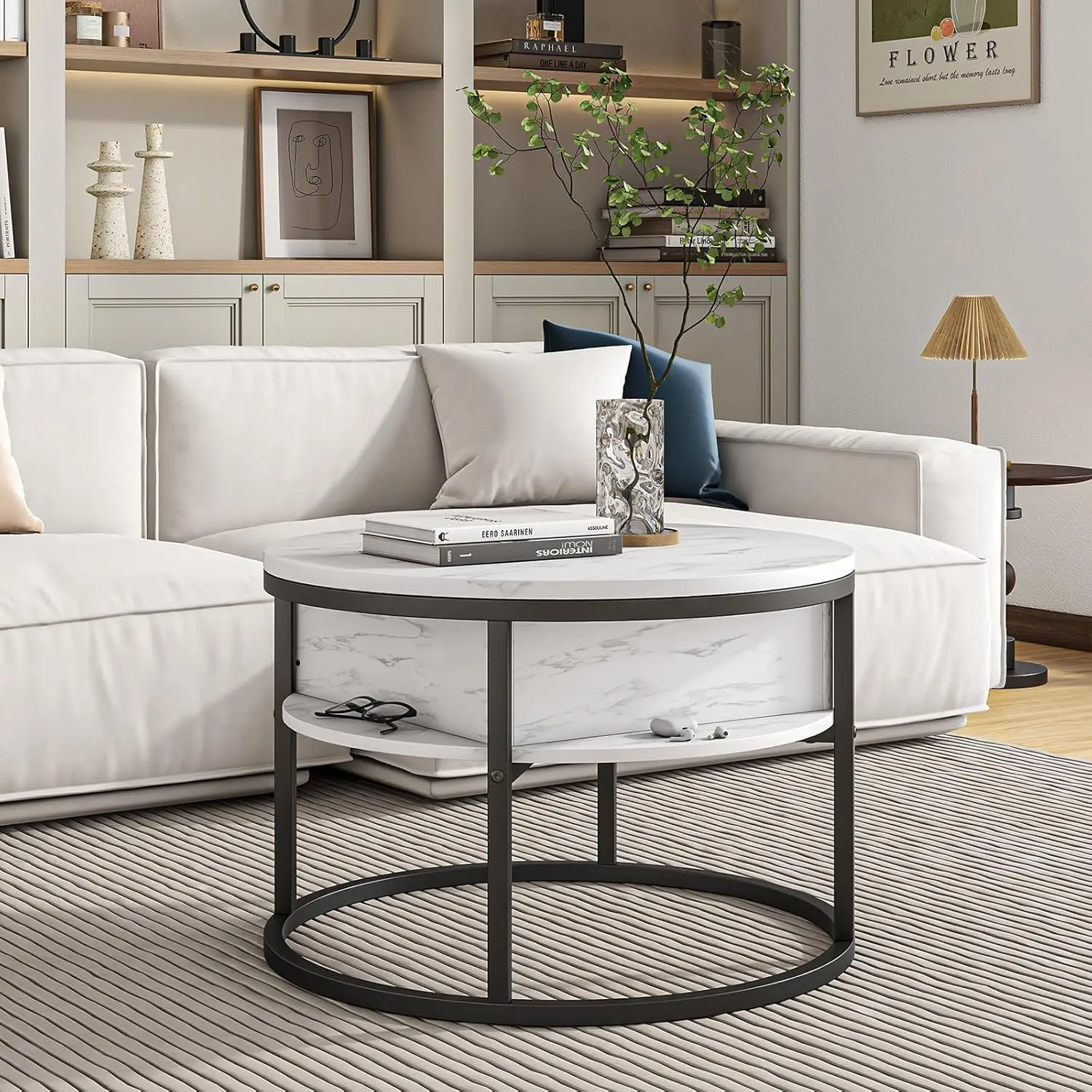 FarmhouseWhiteRoundLiftTopCoffee Table - 2-Tier Design withHidden Storage Compartment, Small Dining Center Table for Living Room