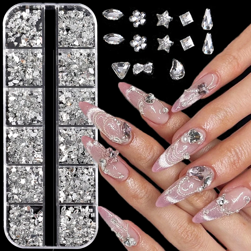 

12 Grids White Clear Different Shaped Nail Art Rhinestone Mixed Mini Flat Back Glitter Crystal Decoration Nail Parts Accessories