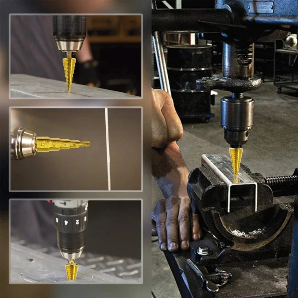 3pcs HSS Spiral Flute Grooved Titanium Coated Step Drill Bit Hex Shank Wood Metal Hole Cutter Universal Power Tools-Gold