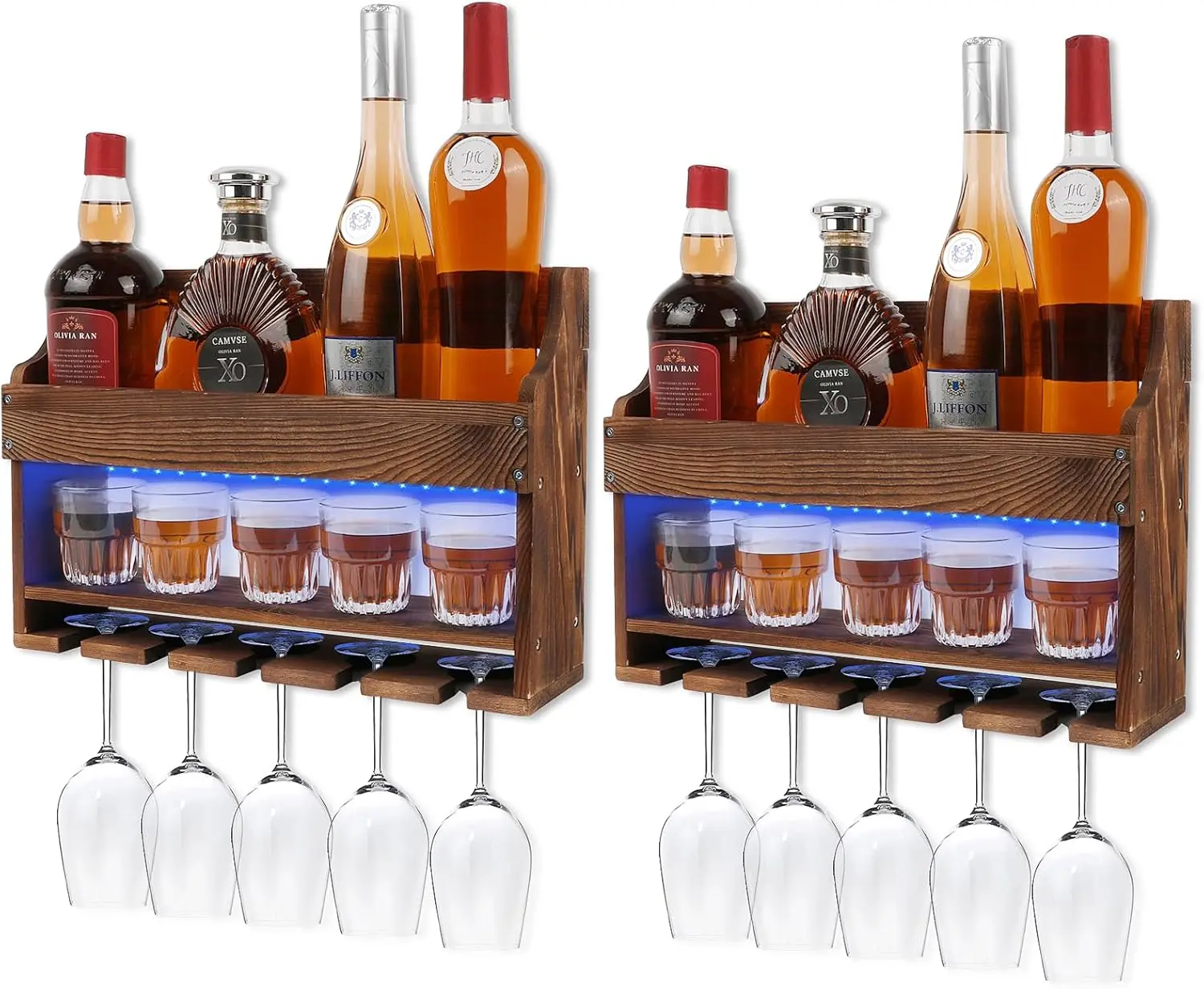 

2 Pack Wall Mounted Wooden Wine Rack with LED Lights, Bar Shelf and Glass Holder for Kitchen and Home Decor