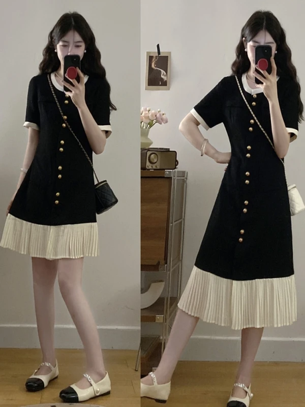 

plus Size Women's Summer Slimming ort Sve Dr High Waist Contrast Color Small Bla Dr Chic Sle Korean Version Co...