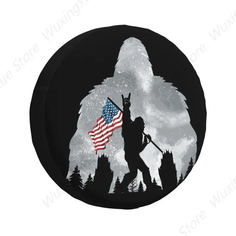 Funny Bigfoot American Flag Spare Tire Cover for Jeep Grand Cherokee 4WD 4x4 Trailer Car Wheel Protectors 14