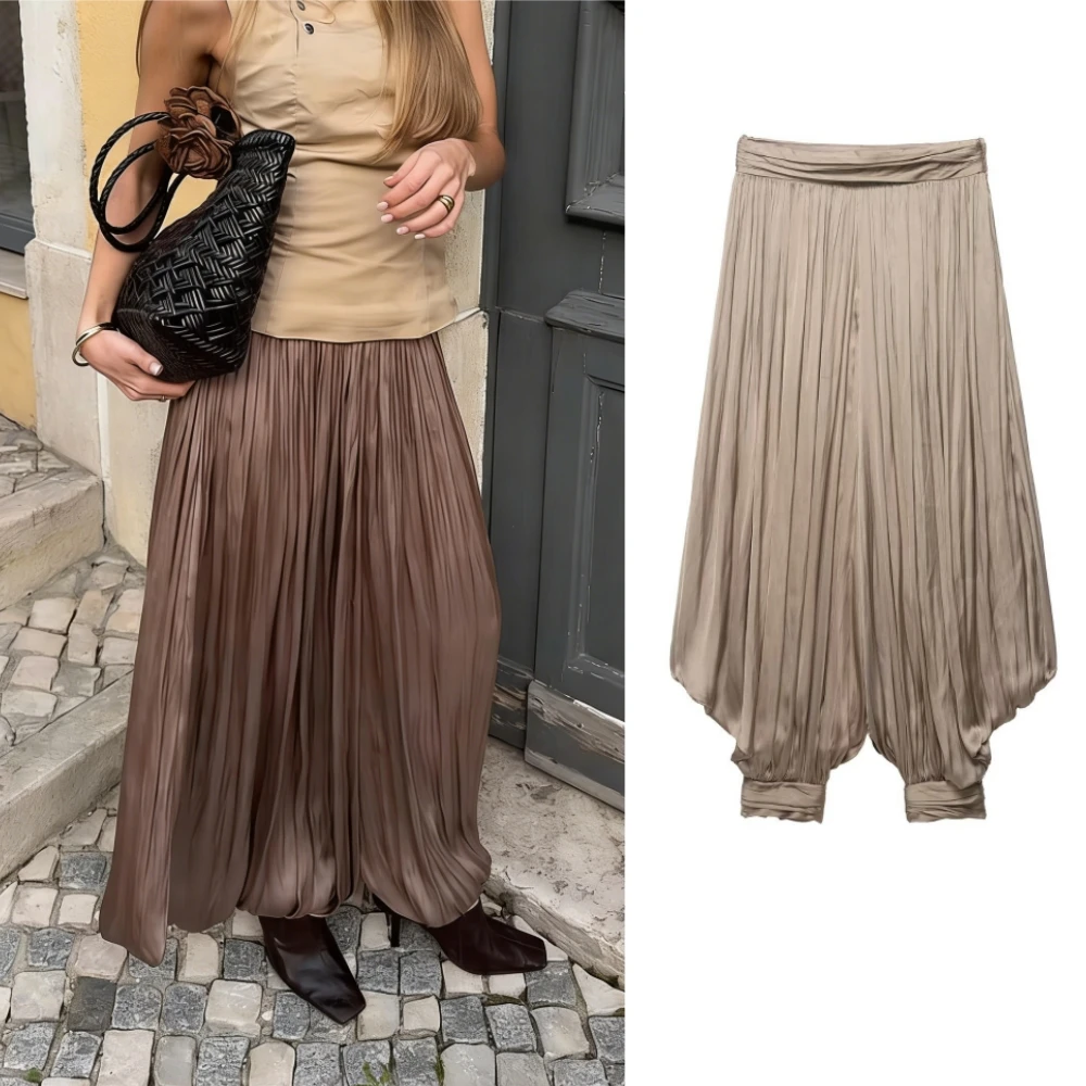 Chic Pleated Loose Wide Leg Trousers Women Casual Zip-up Lantern Pants Female Holiday Beach Long Pants 2026 New