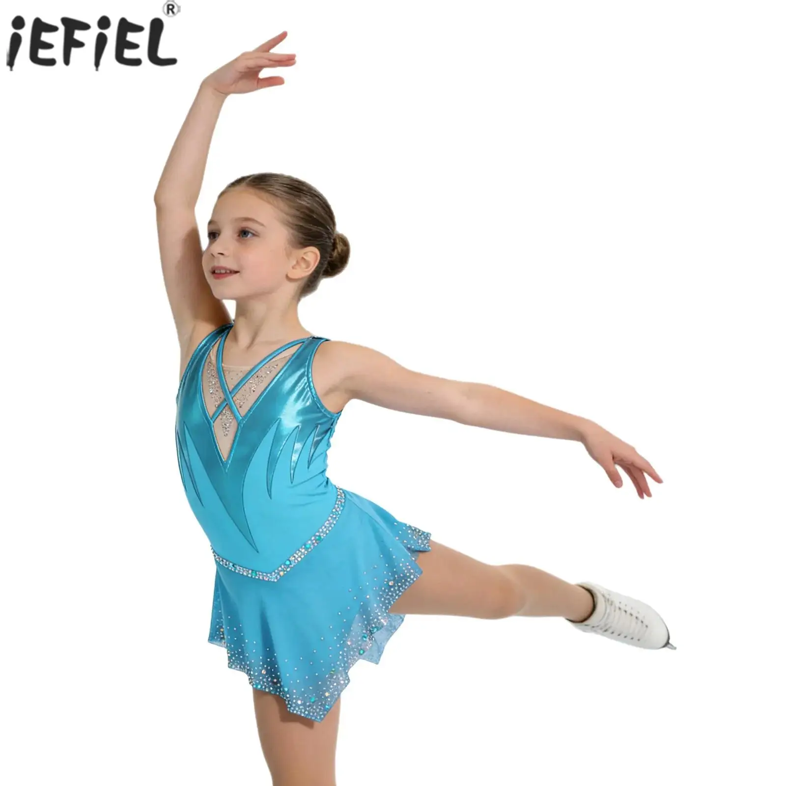 Fantasia de Patinação Artística para Meninas, Leotardo de Ginástica Artística Sem Mangas, Vestido de Dança com Renda Brilhante e Strass