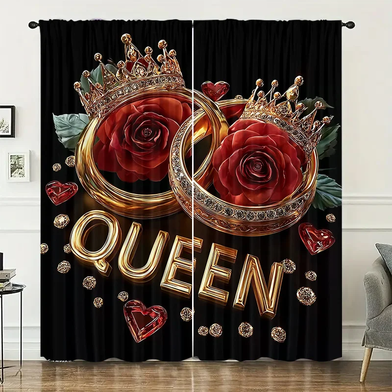Crown Rose Ring English Letter Curtains, installed using pocket rod method suitable bedrooms living rooms balconies decoration