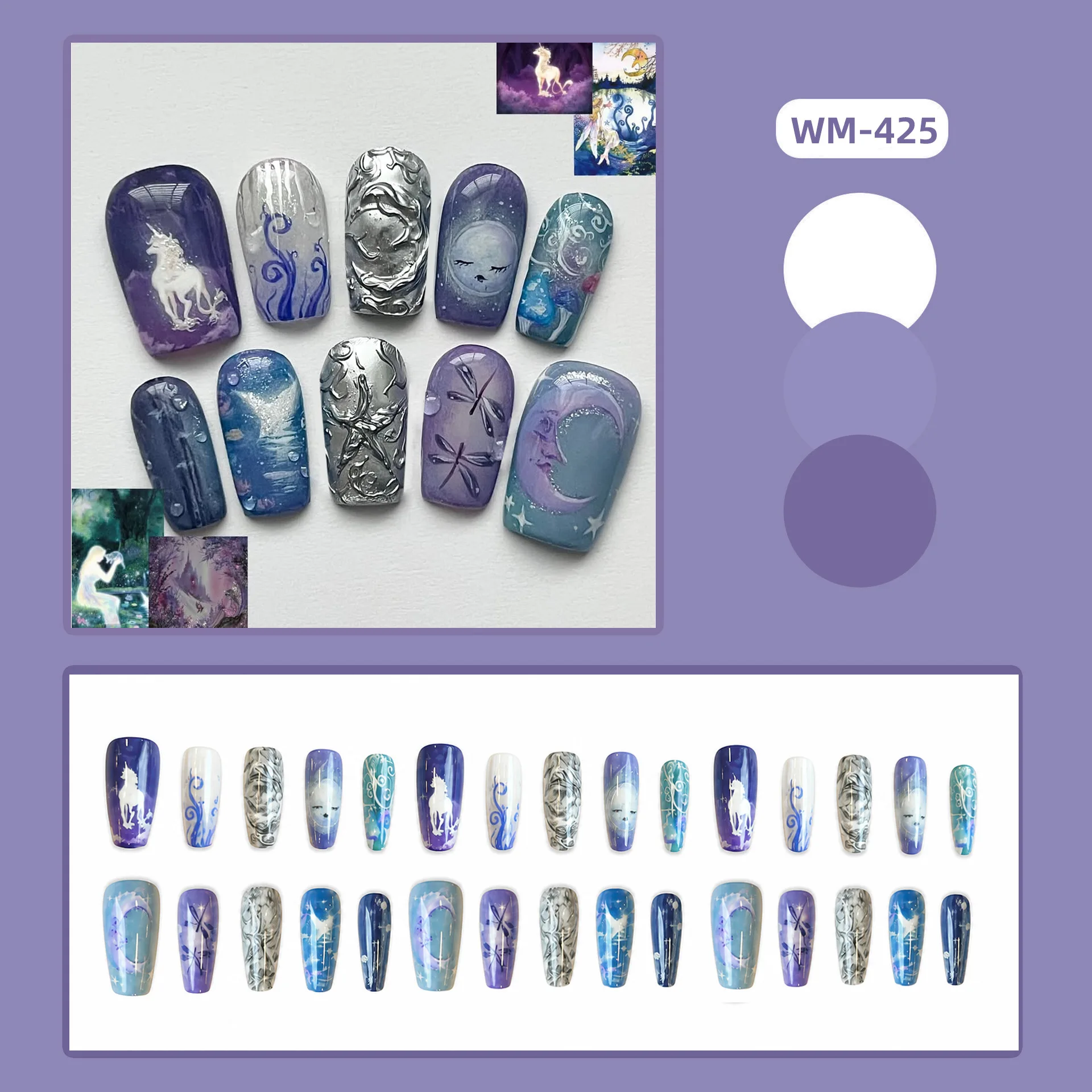 24Pcs Square Press On Nails Fantasy Unicorn Mermaid Moon Dragonfly Print Silver 3D Texture Glossy False Nail Tips For Women