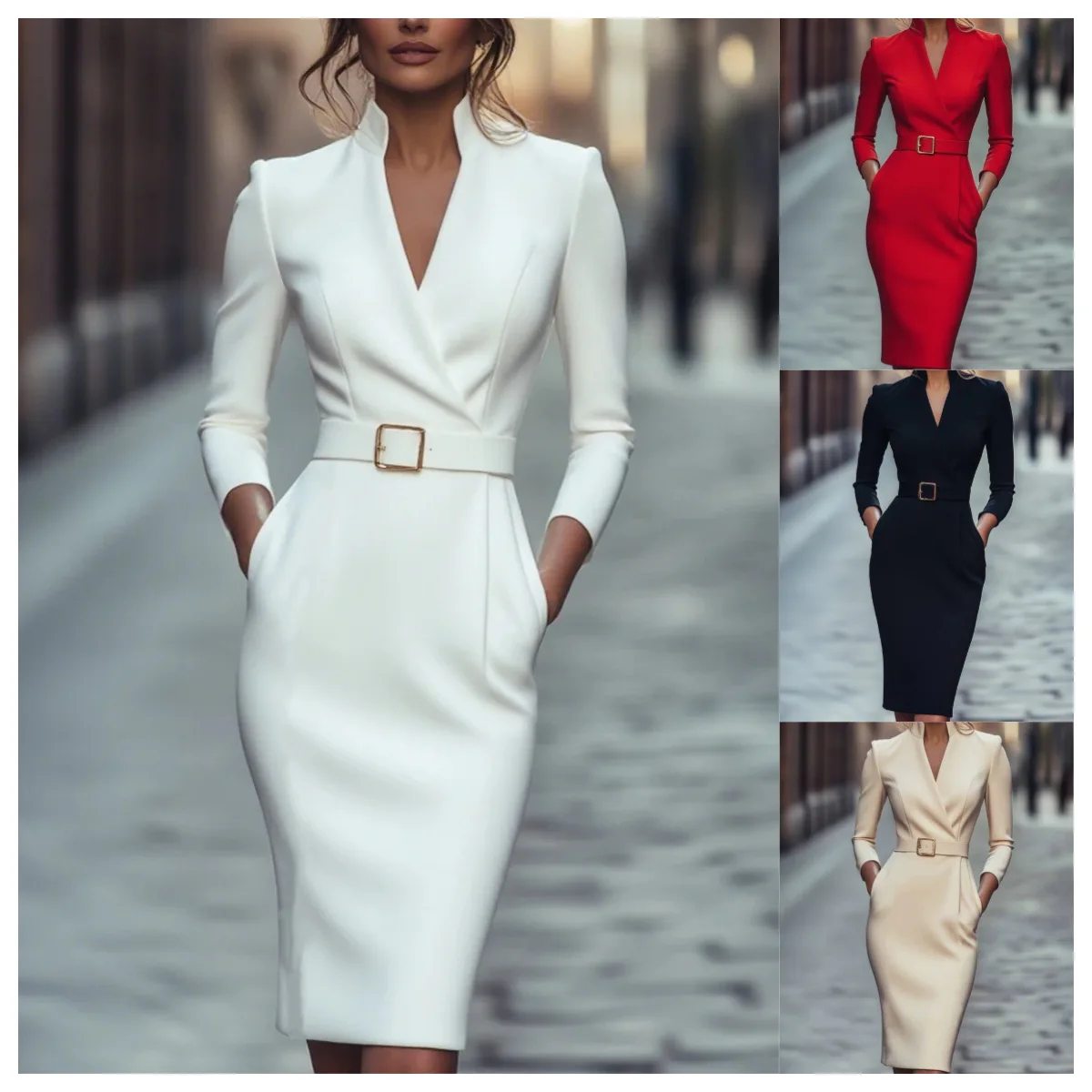 

Women's Long Sleeve V Neck Belted Sheath Midi Dress for Professional Business Commute and Formal Events