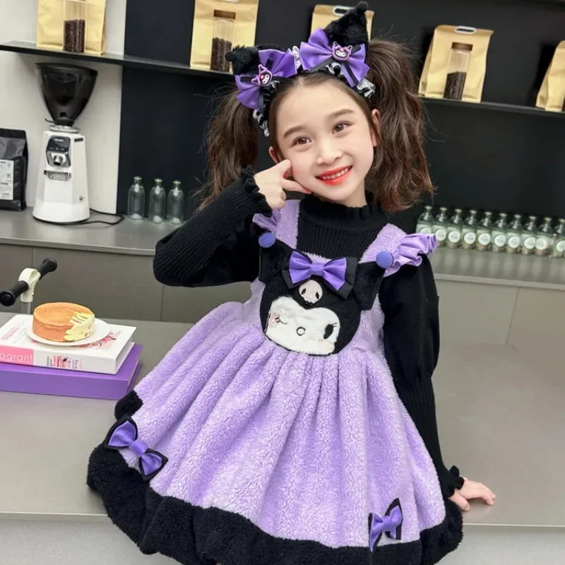 Sanrio Kuromi Flannel Anime Thickening Strap Sweater Girl Cosplay Dress Winter Lolita Princess Dress Halloween Cosplay Costume