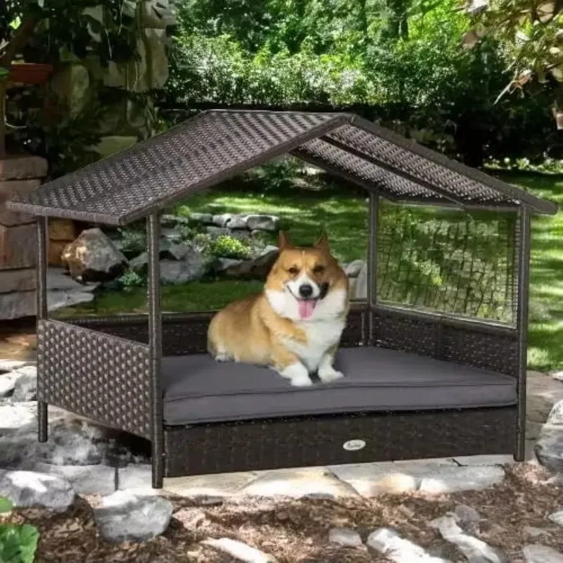 Human Dog Bed with Canopy, Comfortable Cave Dog Bed with Elevated Bottom, Durable PE Rattan Outdoor and Indoor Pet Shelter