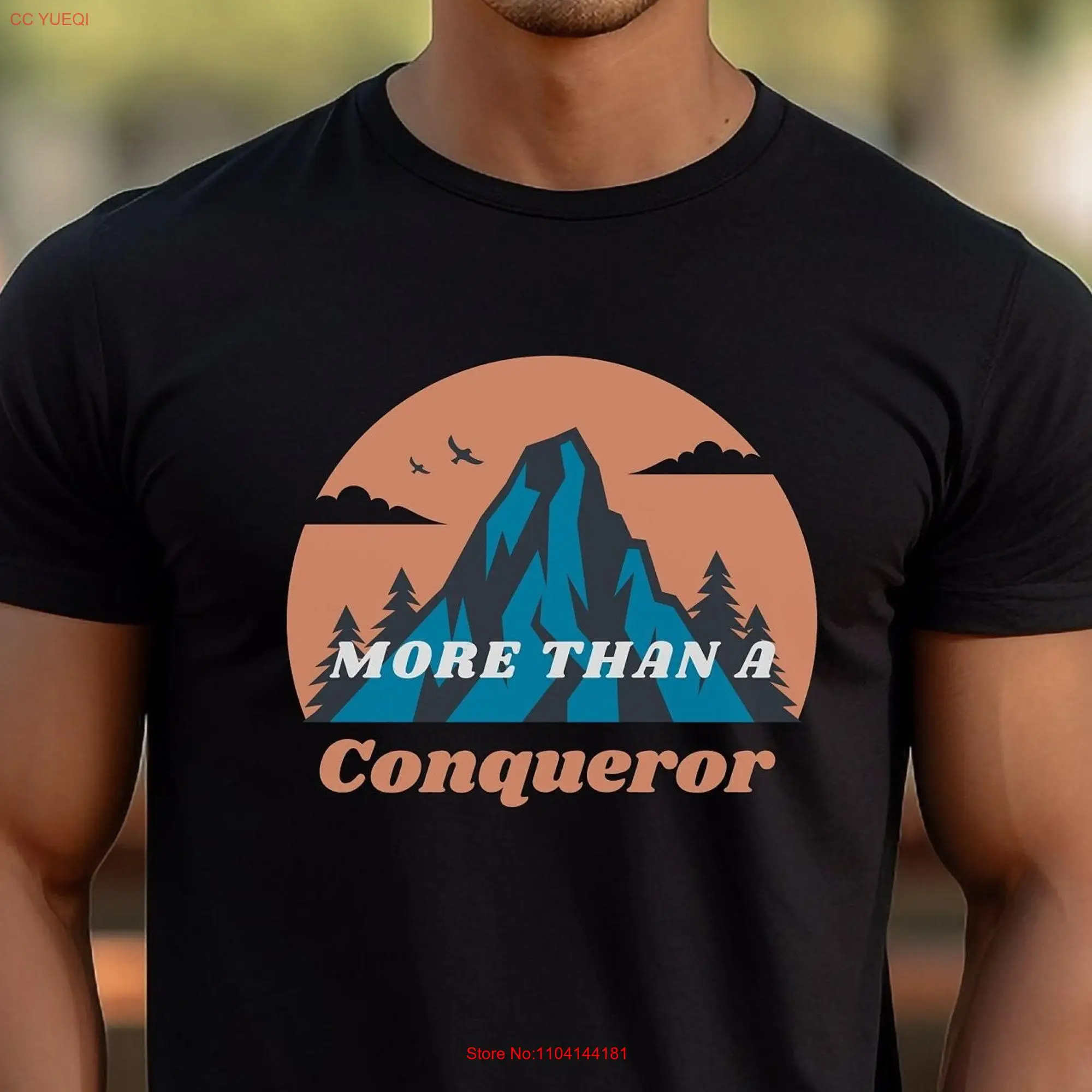 Jersey  T Shirt More Than A Conqueror Trees Mountains Top Faith Based Cool Trendy Christian Jesus long or short sleeves