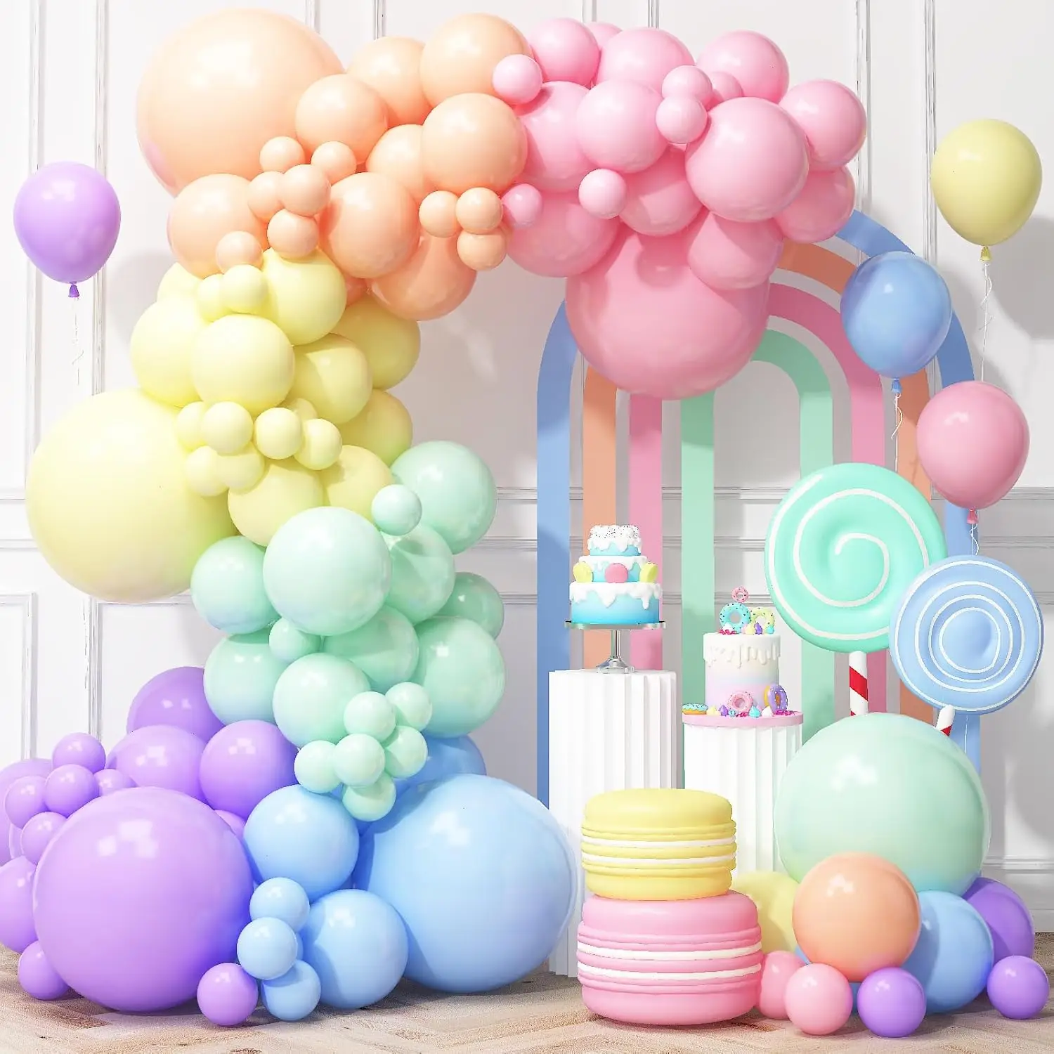 Kit de Guirnalda de Globos de Arcoíris Pastel Macaron de 130 Piezas, para Fiestas de Té de Primavera, Fiestas de Cumpleaños de Unicornios, Baby Shower, Suministros para Bodas