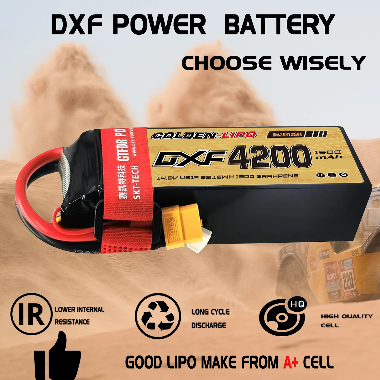 Akumulator DXF 4S Lipo 4200mAh 14.8V 150C z wtyczką XT60, obudowa z twardego tworzywa, do samochodów RC, buggy, truggy, pojazdów terenowych, łodzi, ciężarówek, samolotów, dronów, wyścigów.