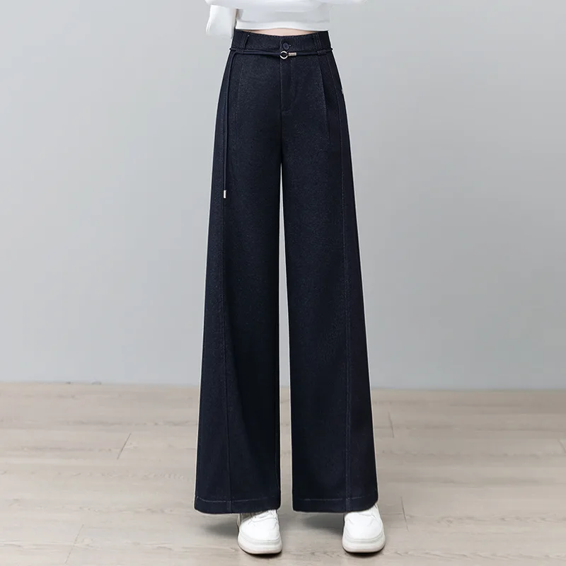 

Широкие брюки, женские осенние новые утягивающие драпированные брюки с высокой талией, повседневные брюки, синие свободные прямые брюки