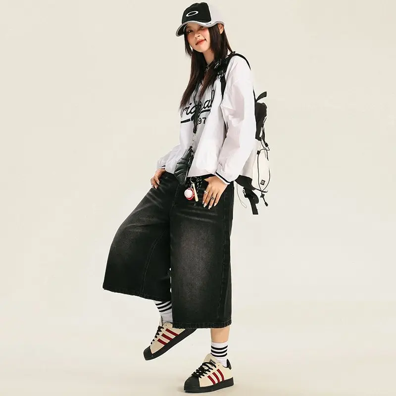 Fashion Distress Black Denim Shorts Women Summer High Waisted Wash Baggy Wide Leg Shorts Jeans Cropped Pants