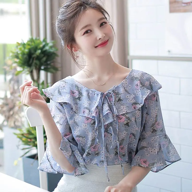 

Korea Floral Shirts Blouses for Women Loose Woman Top Crop Youthful Elegant Clothing Sales Cute Youth Stylish