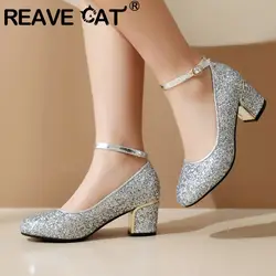 REAVE CAT Female Strap Pumps Shoes Sequin Glitter Rhinestone Buckle Chunky Heels Party Gold 32 43 Chaussure