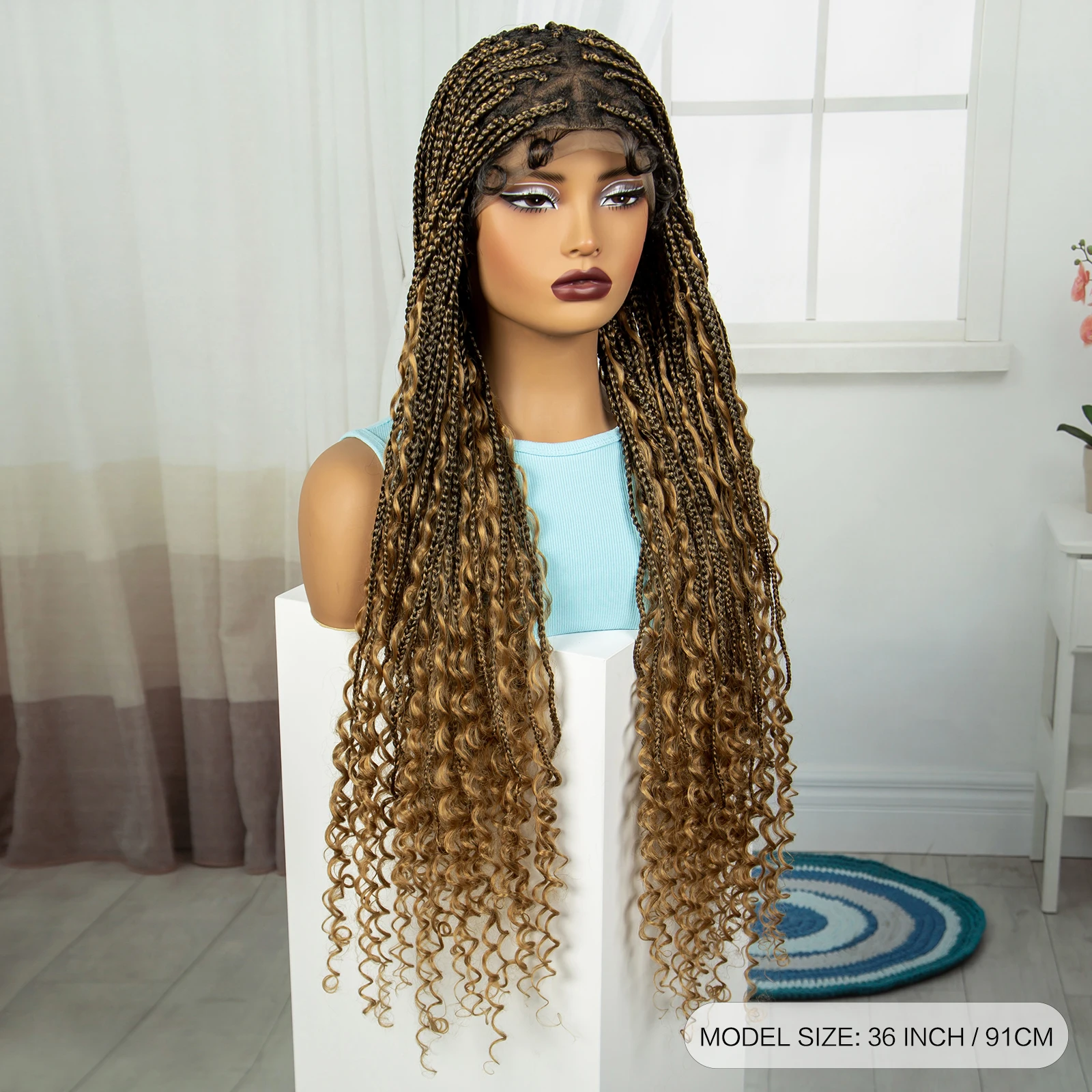 36Inch Synthetic Boho Knortless Box Braids Wig for Black Women Ombre Braided Wig with Curly Ends HD Full Lace Wig with Baby Hair