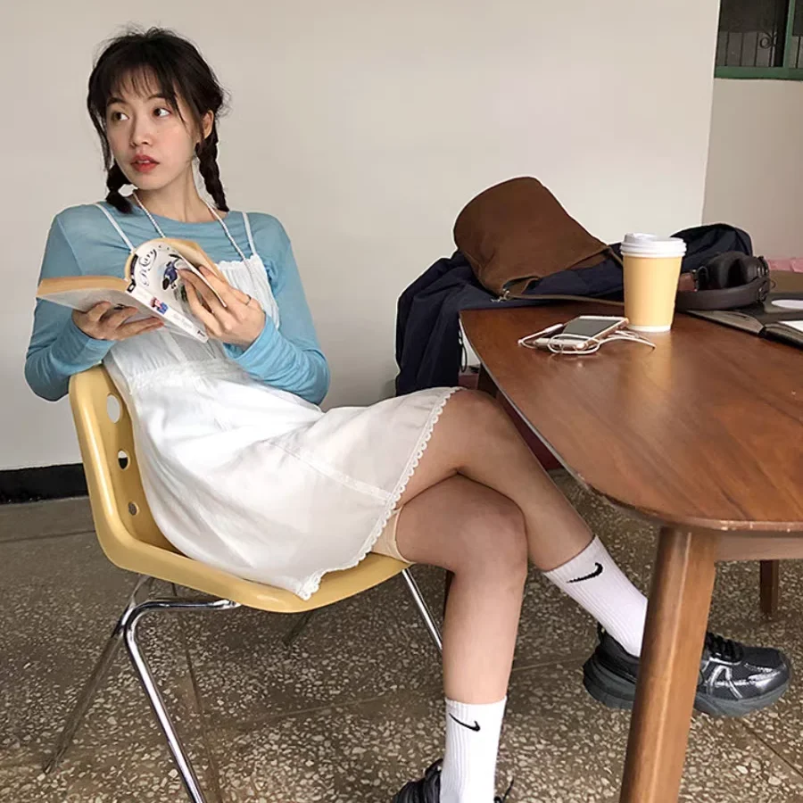 Vestido f com renda, alças, camadas internas, saia curta, estilo casual para primavera, verão e outono, sem mangas, ca...