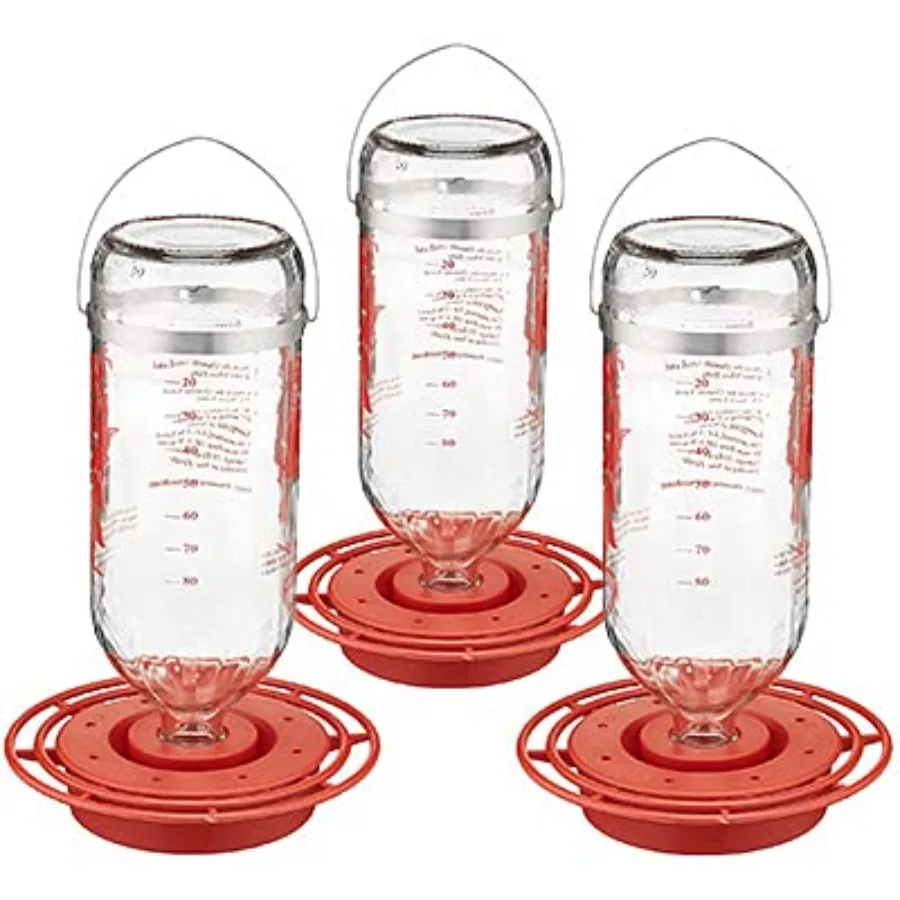 

Glass Hummingbird Feeders 32 oz Nectar Capacity Pack of 3 Hanging Bottle Style Feeders with 8 Ports and Perch Ring for Outdoor