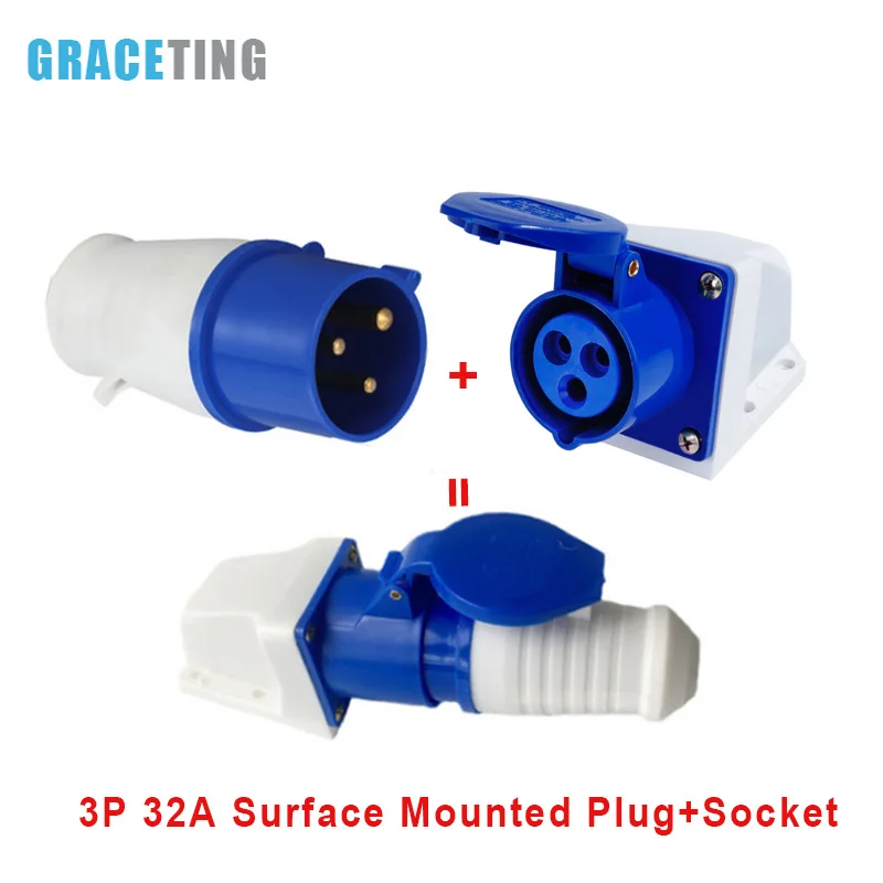 1Set 32 AMP 3 Pin Industrial Site Plug & Socket IP44 2P+E Male/Female Industry Electrical Socket Connector 220-240V Blue