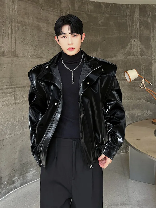 

Мужская осенне-зимняя куртка с эффектом жидкого металла, деконструированным дизайном, стильная верхняя одежда в мотоциклетном стиле, уличный тренд