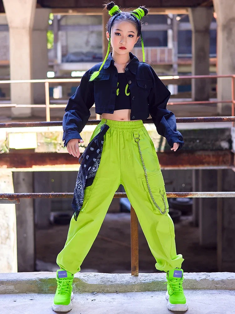 

New Modern Jazz Dance Costume For Girls Black Coat Green Pants Hip Hop Performance Suit Kids Kpop Outfit Concert Clothing BL9657