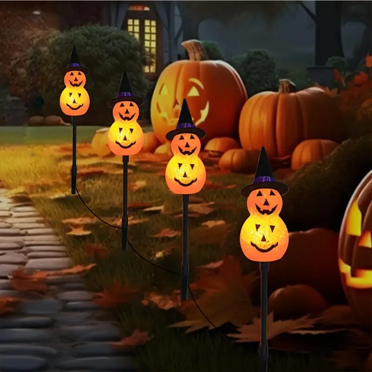 4PCS Rice Pumpkins With Witch Hats Solar Path Ligths Halloween Garden Solar Powered Light Fairy Atmosphere Stake Lamp