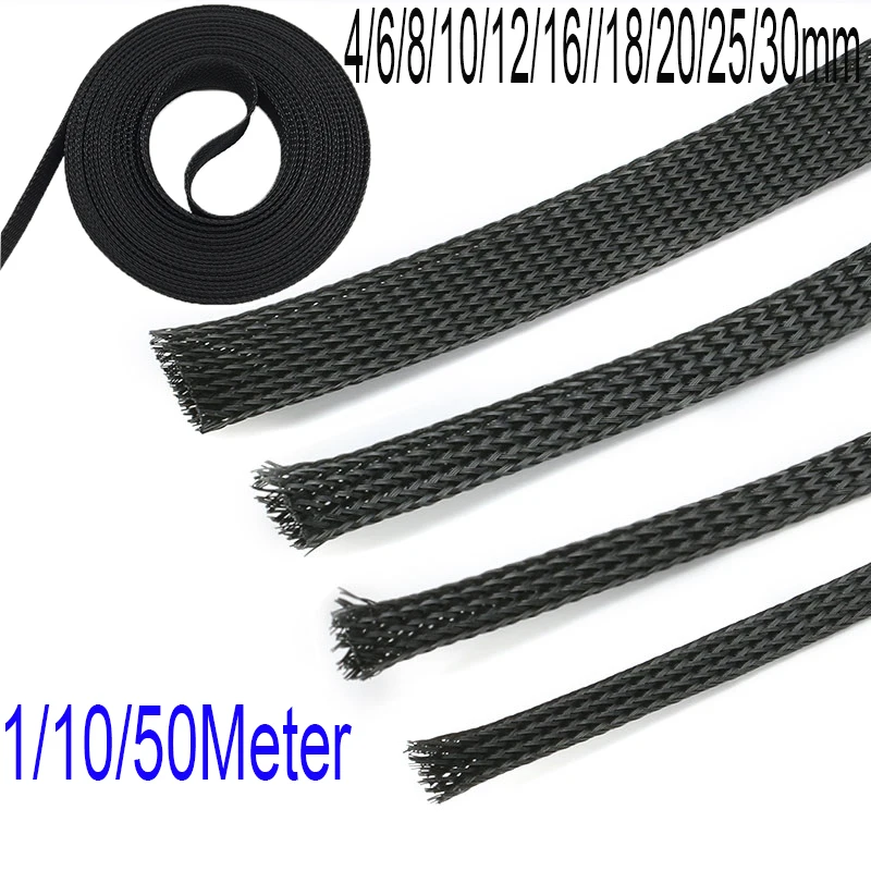 1/10/50/M Black Cable Sleeve 4/6/8/10/12/16//18/20/25/30mm Tight PET Wire Cable Gland Protection Insulated Braid Sleeving