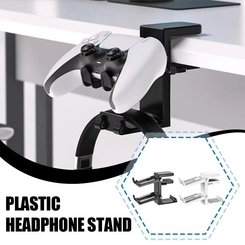 2-in-1 Headphone Stand 360° Rotating Adjustable Clamp-on Computer UnderDesk Punch-free Hook Mount For Desk 2 Gamepad Hangers