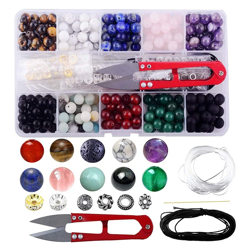 Gem Bead Box Set 240 Round Loose Stones Natural Amethyst Lava Mixed Color Bracelet Jewelry Making Tool Kit