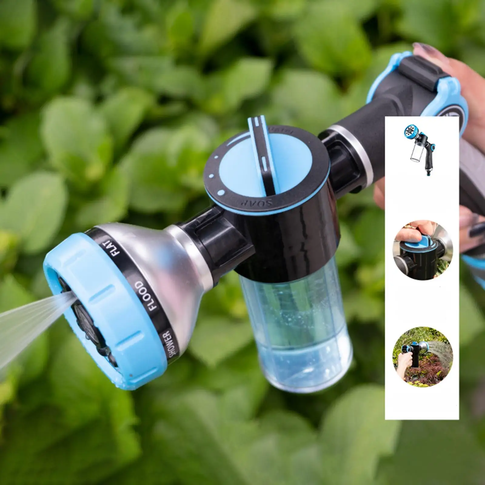 High Pressure Garden Hose Spray Nozzle with Soap Dispenser 8 Spray Patterns Foam Sprinkler for Garden Watering Plants Lawn Patio