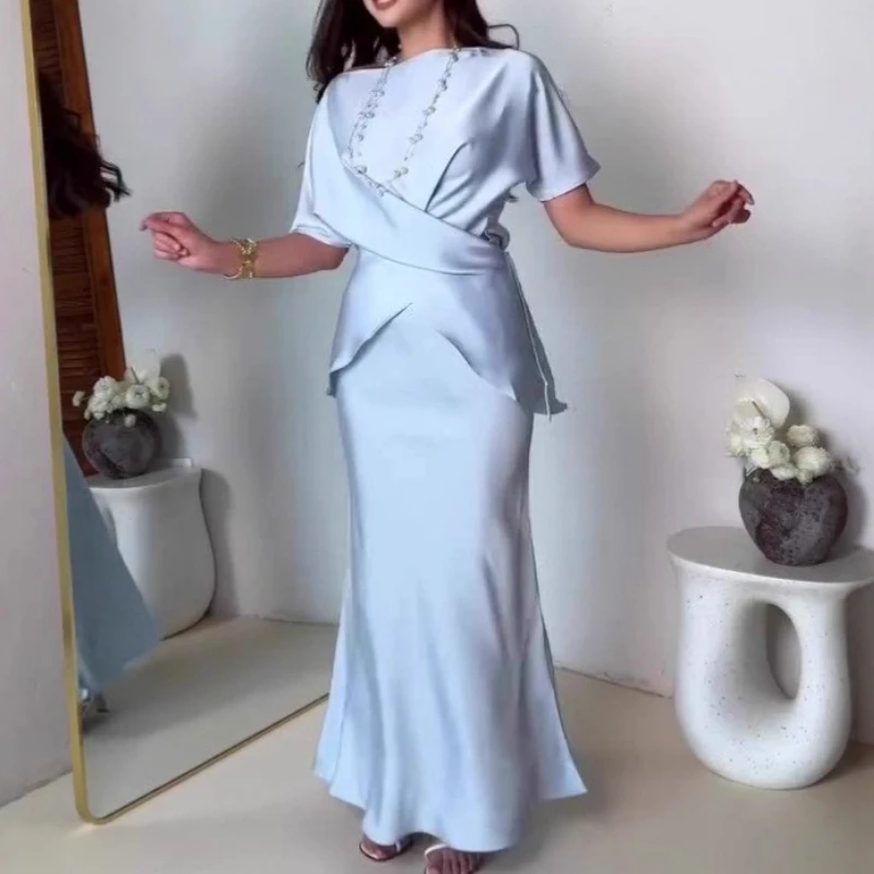 Primavera verão cetim vestido longo terno branco elegante tripulação pescoço cruz tie-up topo & bodycon saia conjunto 2 peça chique sólido mulher outfit