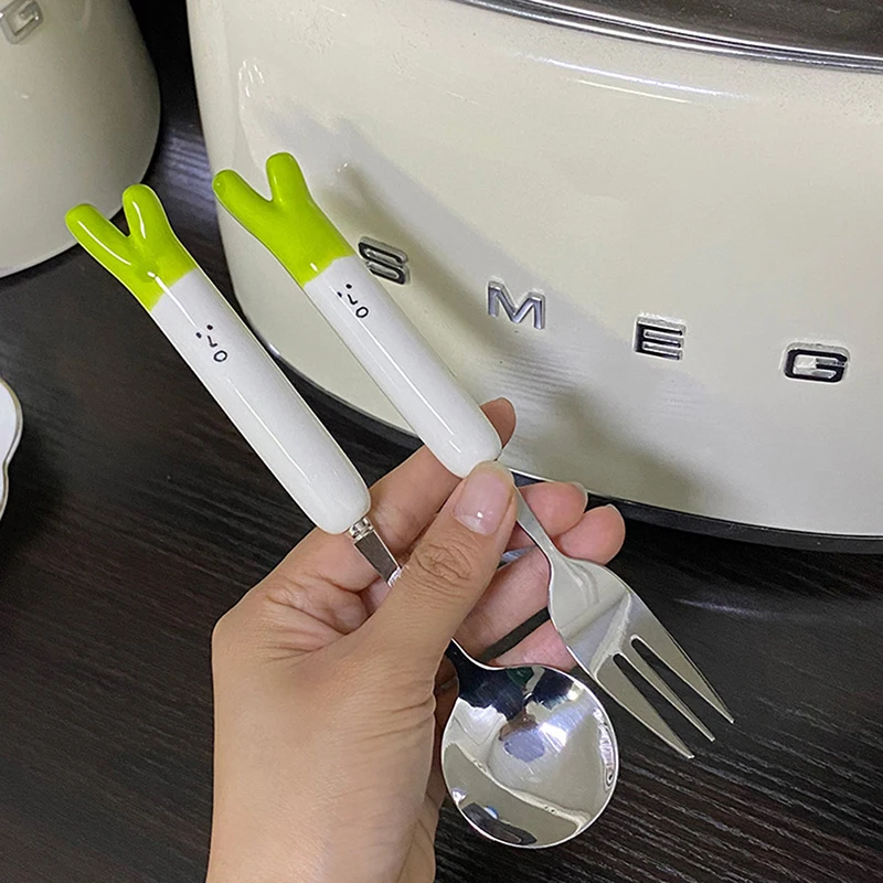 1Pcs Cute Cartoon Green Onion Stainless Steel Ceramic Tableware Creative Family Spoon and Fork Birthday Gifts for Boys Girls