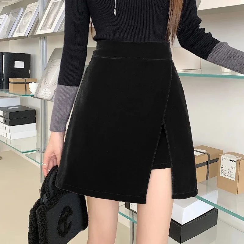 Golden Velvet Fake Two piece Mini Skirt for Women Wine Red 2024 Spring Autumn High Waist Split Hip Wrapping A-line Short Skirts