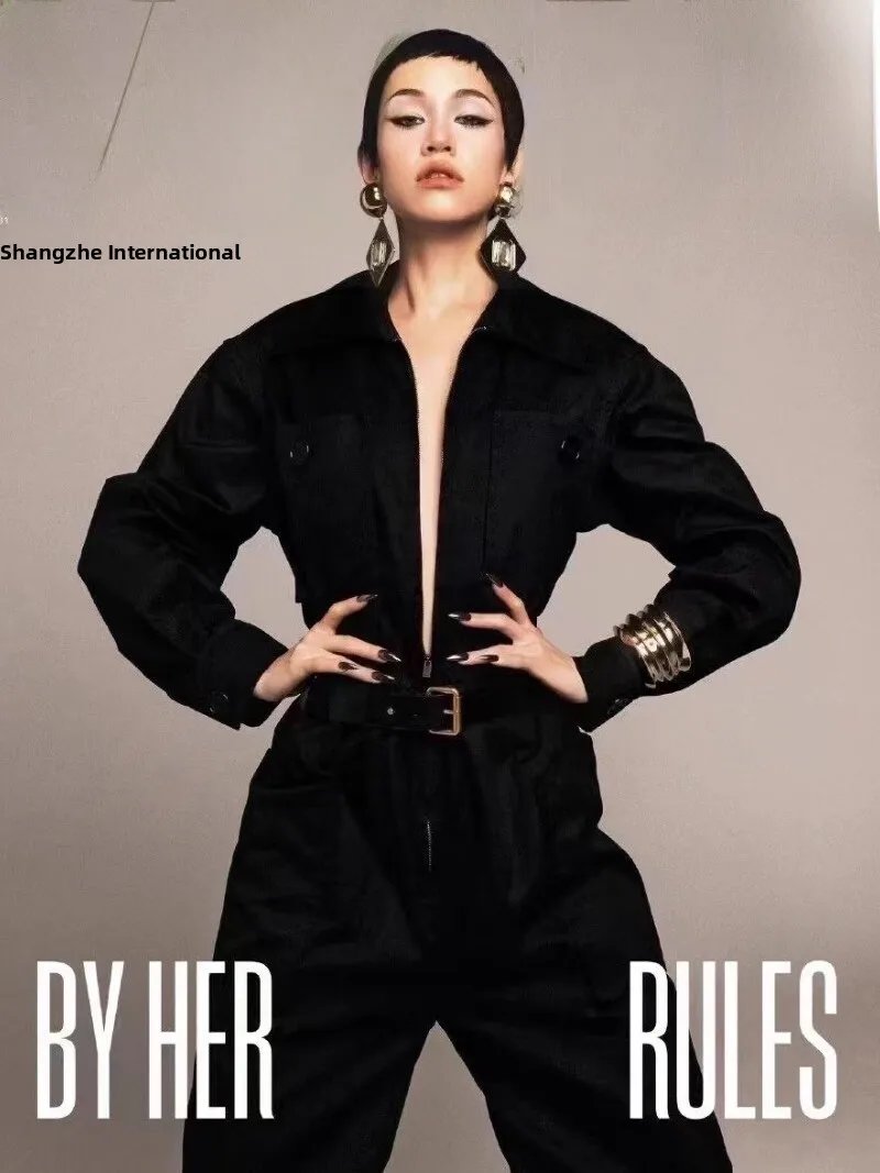 

Брюки рабочие Ele Bla с подплечниками, высокой талией, прямым кроем, длинными рукавами, на молнии, из плотной ткани, модные, цельные